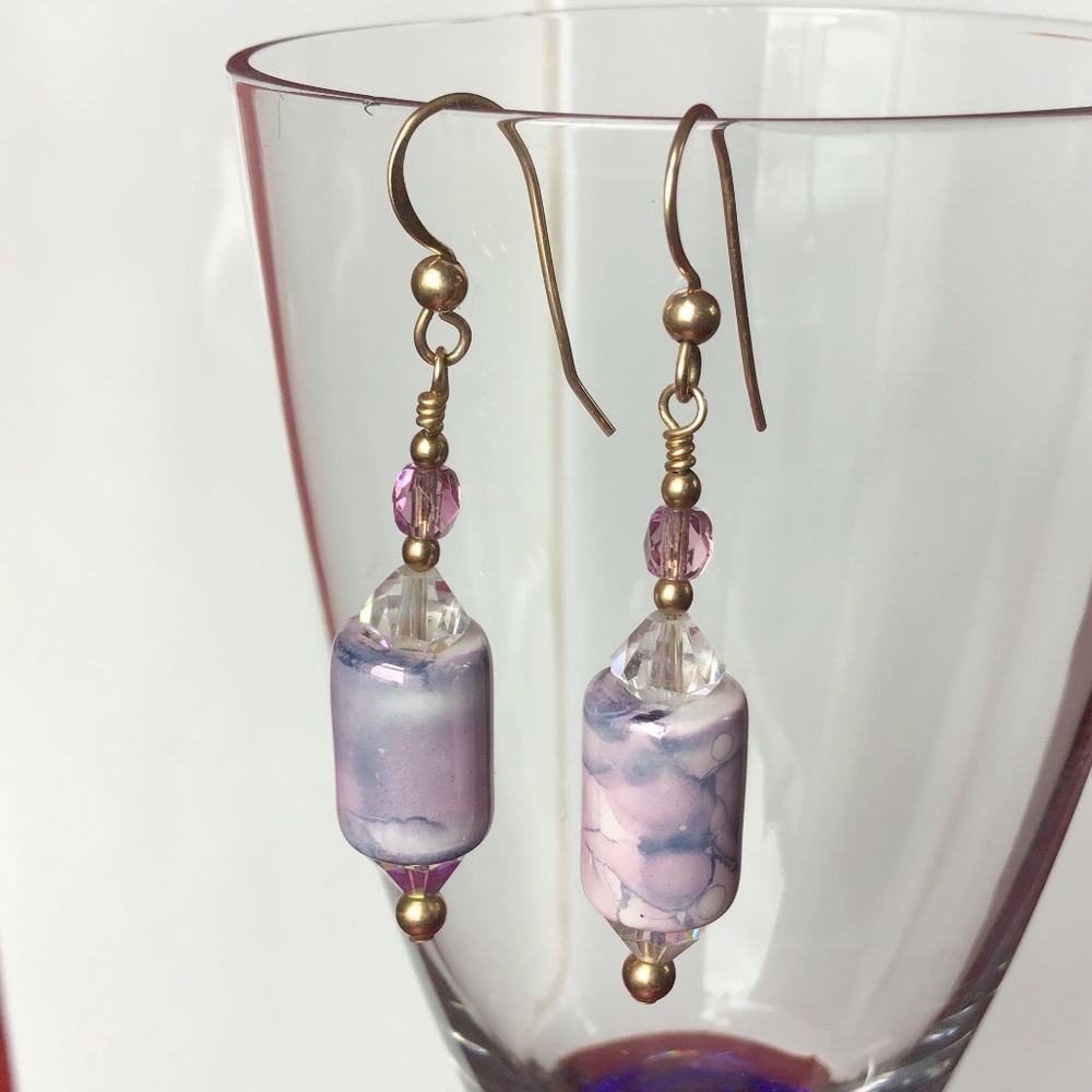 Vintage Purple Marbled Glass Bead Pierced Dangle Earrings